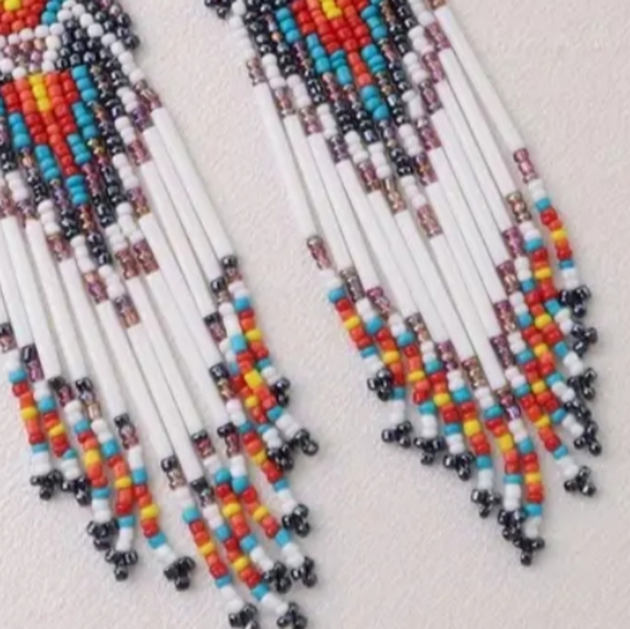 Long 6" White Turquoise Southwestern Handmade Beaded Tribal Earrings New Boho - Picture 4 of 6